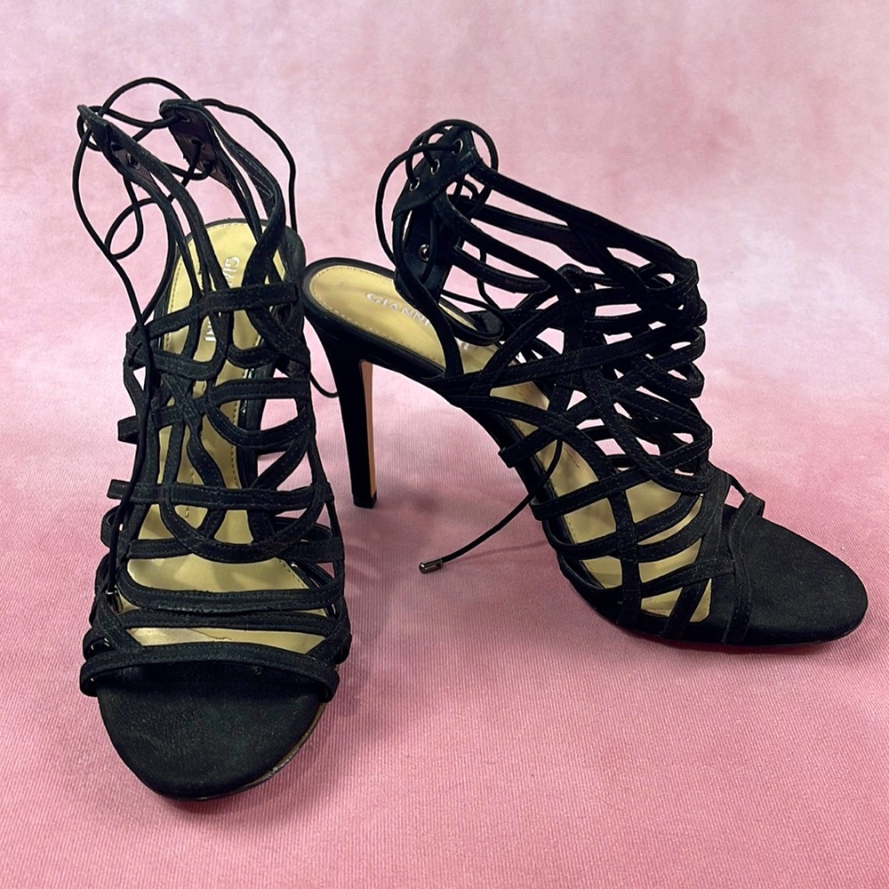 Gianni Bini black suede lace up straps heels